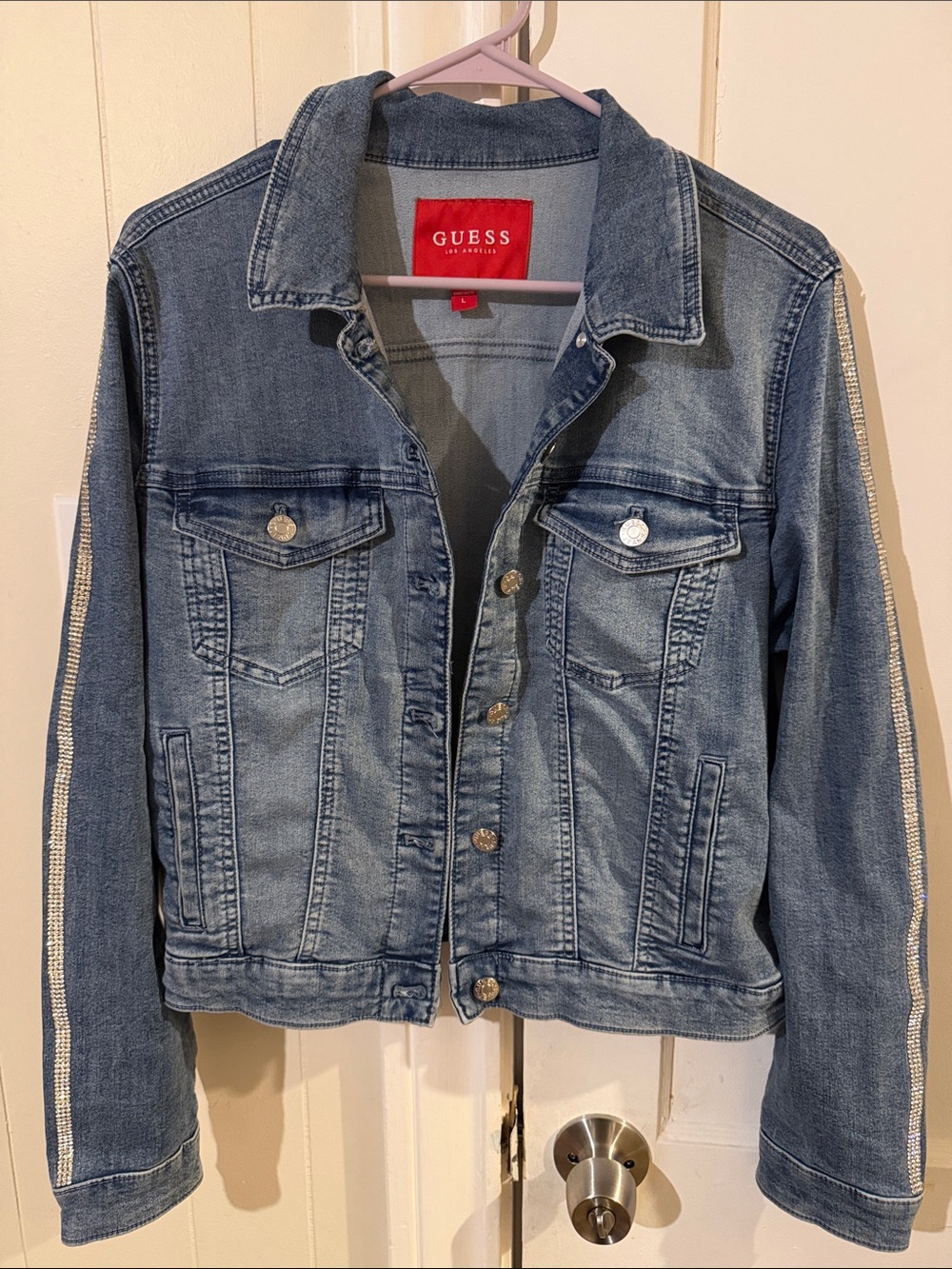 GUESS Light Blue Denim Jacket with Rhinestone Side Trim